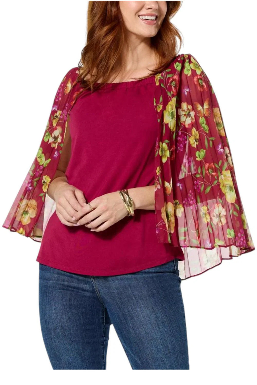 Colleen Lopez Women's Off Shoulder Knit Tank w/ Print Woven Cape Red - Regular